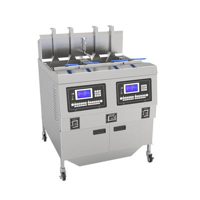 Two Pots Four Baskets Gas Heating Chips Open Deep Fryer With Oil Filtration